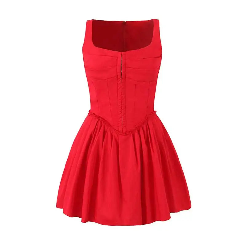 red party dress square neck sleeveless pleated summer dresses new cotton mini sexy women dresses