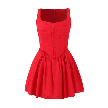 red party dress square neck sleeveless pleated summer dresses new cotton mini sexy women dresses