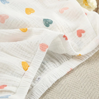 Heart Print Lapel Short Sleeve Top + Shorts Pajamas Loose 100% Cotton Comfortable Women Sets Casual Homewear Sleepwear Outfits