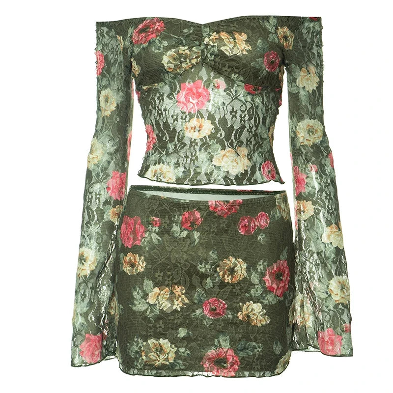 American Retro One Shoulder Lace Perspective Long Sleeved Open Navel Top Street Sexy Half Skirt Flower Set