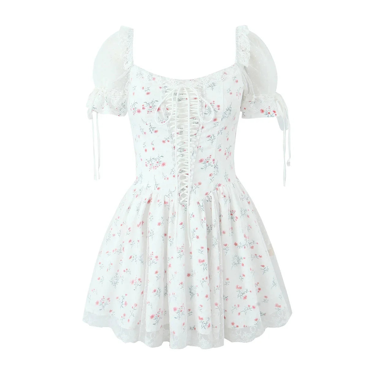 Pastoral Floral Tie-up Polka Dot Mesh Lace Dress 2025 Summer Square Neck Short Sleeve Women Dresses Casual Beach Holiday Dress
