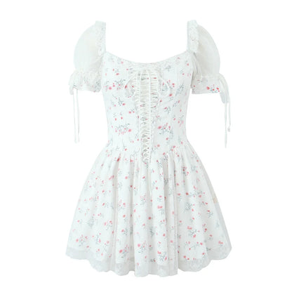 Pastoral Floral Tie-up Polka Dot Mesh Lace Dress 2025 Summer Square Neck Short Sleeve Women Dresses Casual Beach Holiday Dress