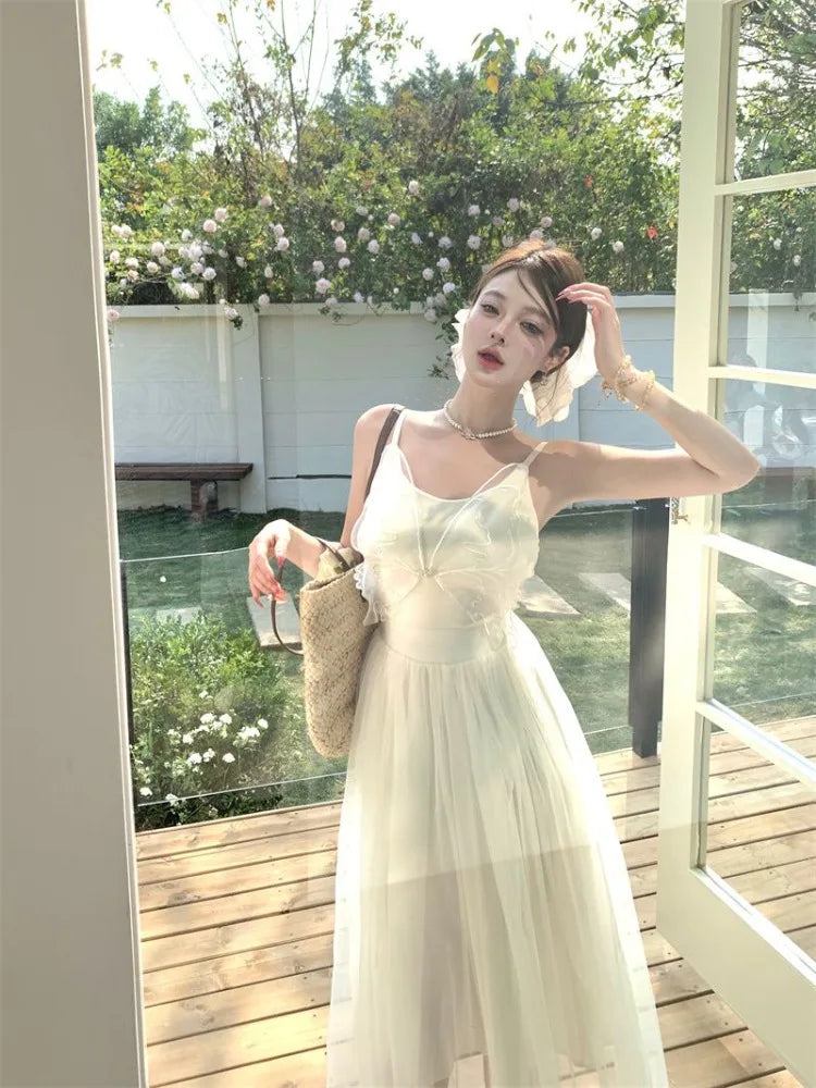Woman Dress Sleeveless Butterfly Mesh Patchwork Slim Backless Holiday Princess Sweet Elegant Dresses Female Chic