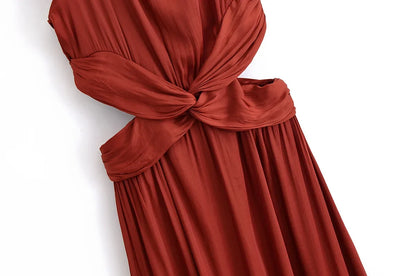 Summer new women's fashion versatile high-end simple round neck sleeveless party silk textured mid-length dress