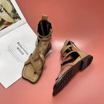Cross Bandage Heeled Sandals Hollow Out Square Toe Flat Shoes For Woman Slingback Sandalias Mujer Verano 2024