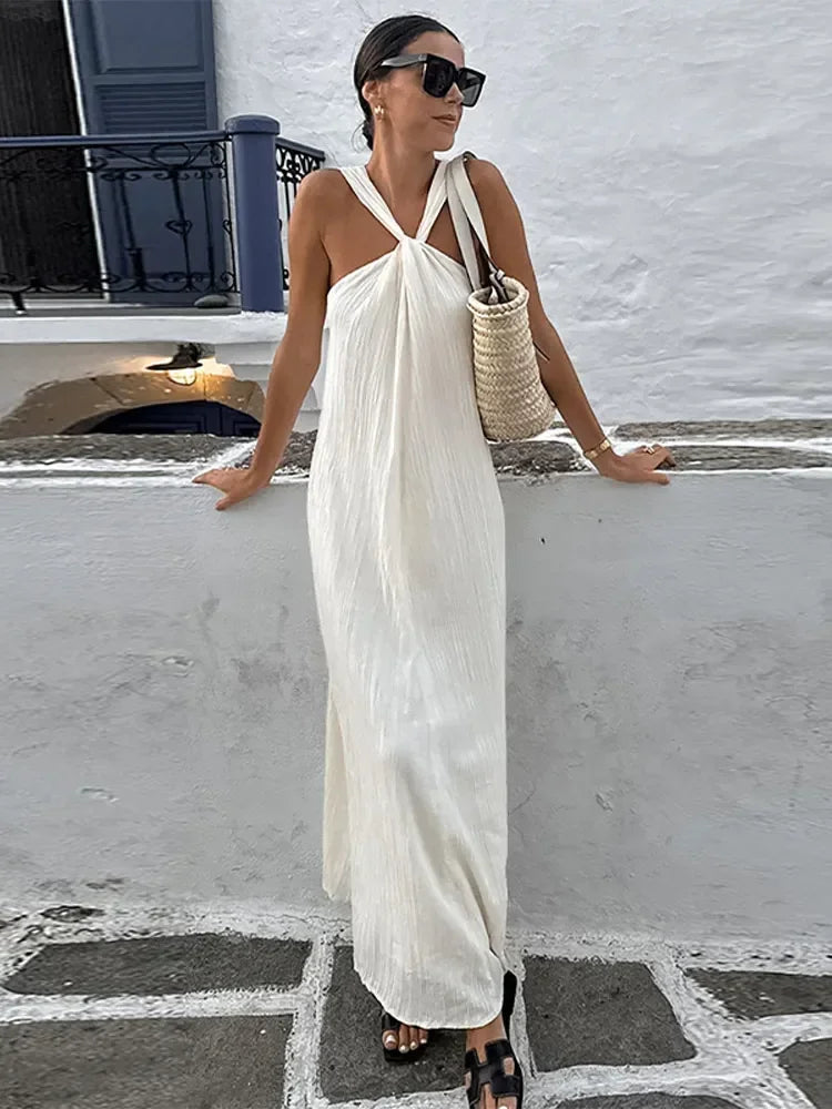 Sexy Backless Women's Side Split Loose Maxi Dress Fashion V-neck Sleeveless Sling Robe Female New Chic Vacation Vestido