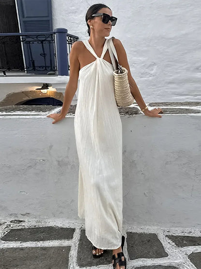 Sexy Backless Women's Side Split Loose Maxi Dress Fashion V-neck Sleeveless Sling Robe Female New Chic Vacation Vestido