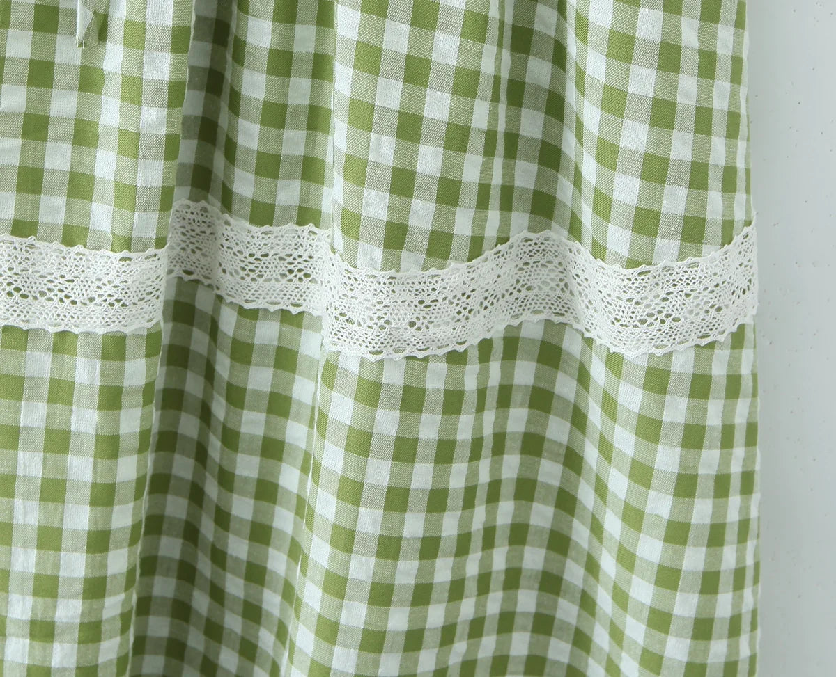 Holiday Style Summer Women's Dress Lace Splicing Sweet Lace Waist Back Green Plaid Dresses Elegant Fashion Long Dress