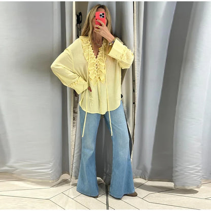 V-Neck Lace Up Waist Cinching Shirt Woman Casual Set Pleated Loose Solid Color Skirt Chic Elegant Versatile Baggy Women's Suits