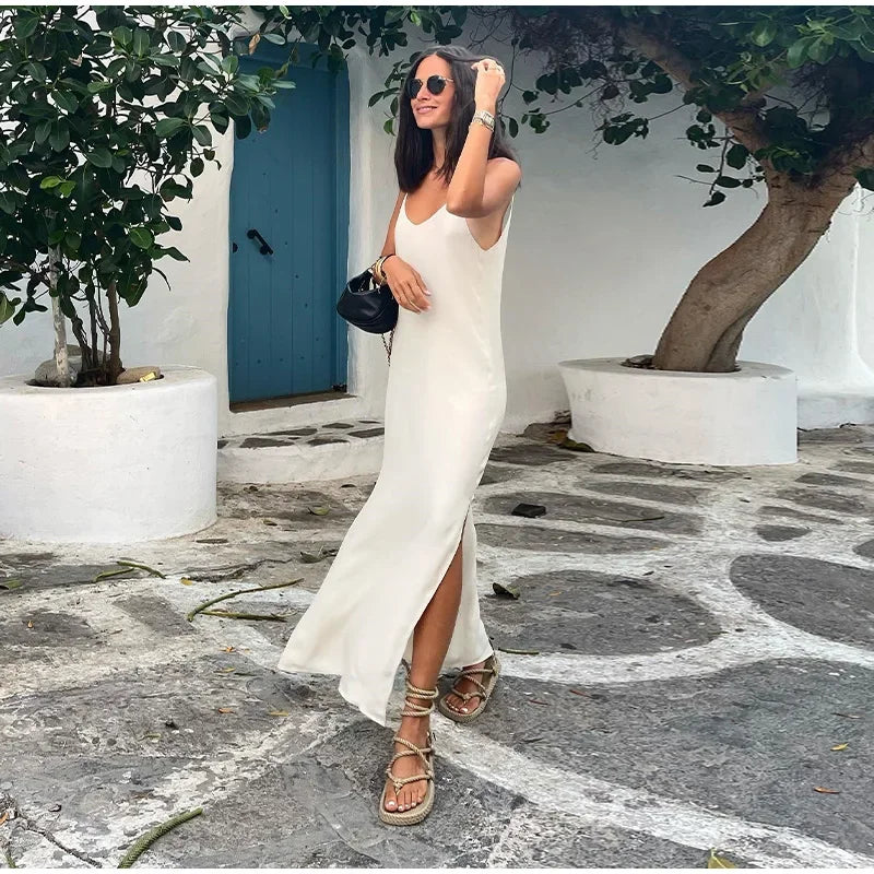 Sexy Backless Women's Side Split Loose Maxi Dress Fashion V-neck Sleeveless Sling Robe Female New Chic Vacation Vestido