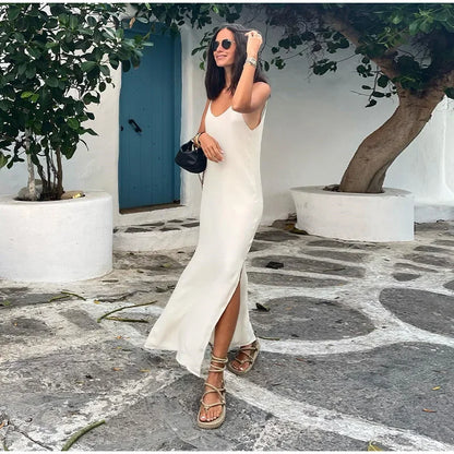 Sexy Backless Women's Side Split Loose Maxi Dress Fashion V-neck Sleeveless Sling Robe Female New Chic Vacation Vestido