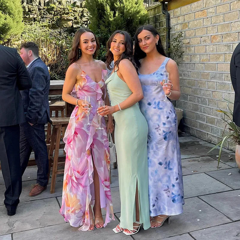 Floral Print Ruffle Backless Split Long Dress Summer Resort Wear Sexy Elegant Dresses For Women Wedding Party Outfits