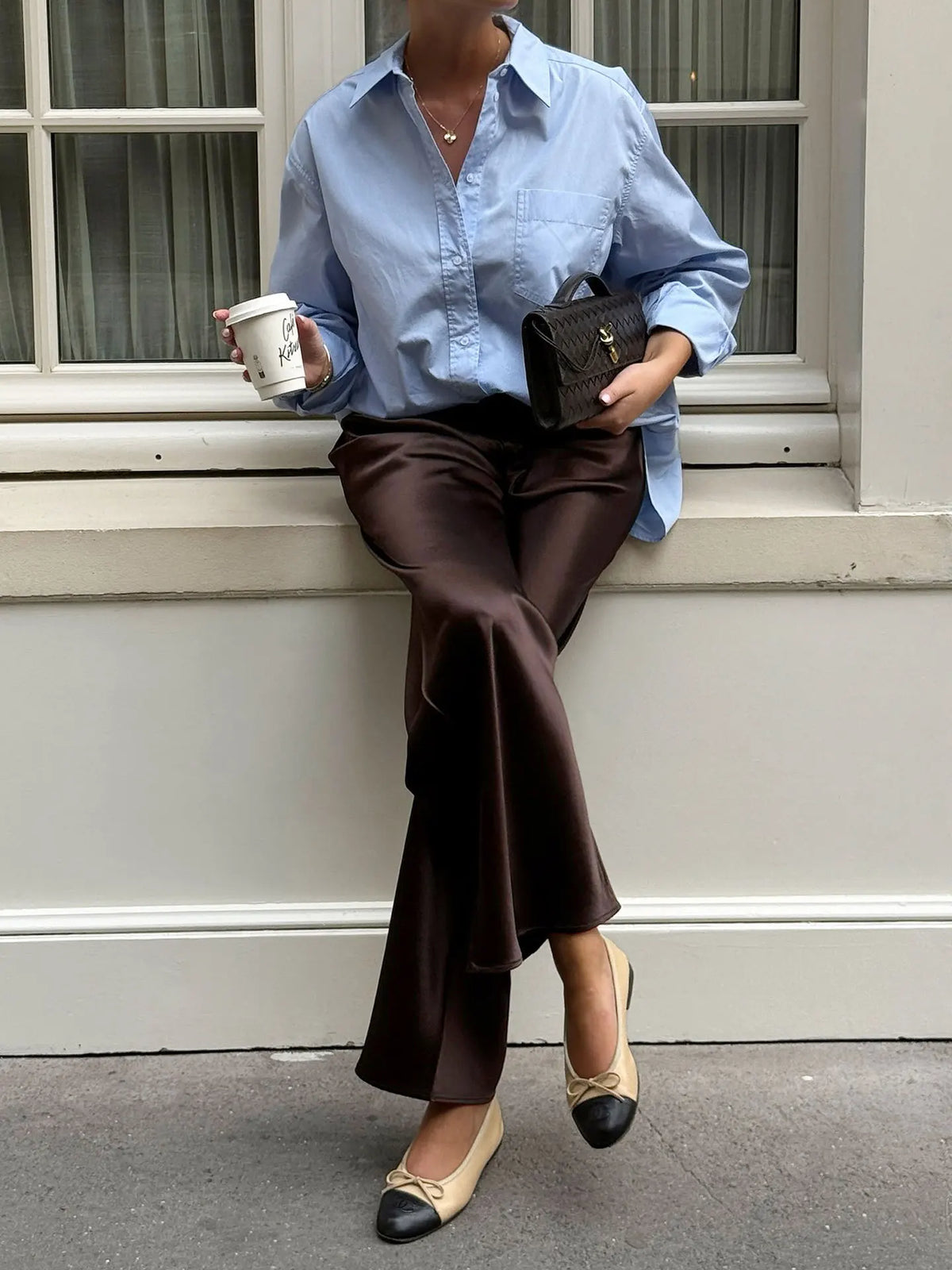 New straight leg pants with satin finish, high waisted and drooping casual pants
