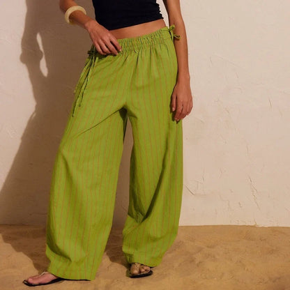 Women Drawstring Striped Wide Leg Pants Summer Causal Barrel Loose Elastic Low Waist Palazzo Harem Pants Trousers