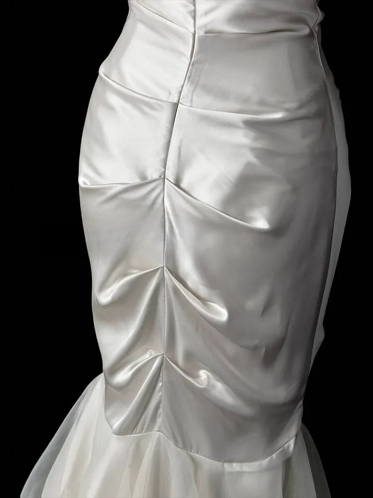Satin White Evening Dress Wrap Hips Backless Strapless Sleeveless Fishtail Pleats Sweetheart Neck Birthday Party Prom Gown