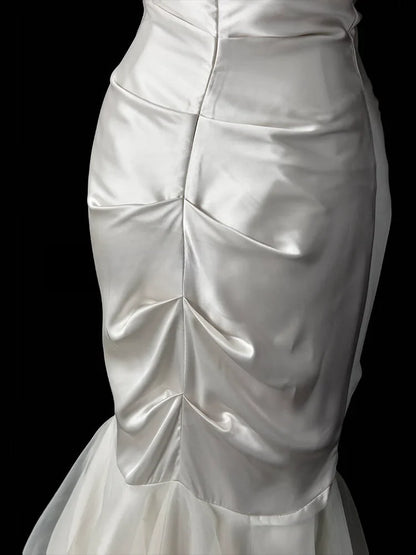 Satin White Evening Dress Wrap Hips Backless Strapless Sleeveless Fishtail Pleats Sweetheart Neck Birthday Party Prom Gown