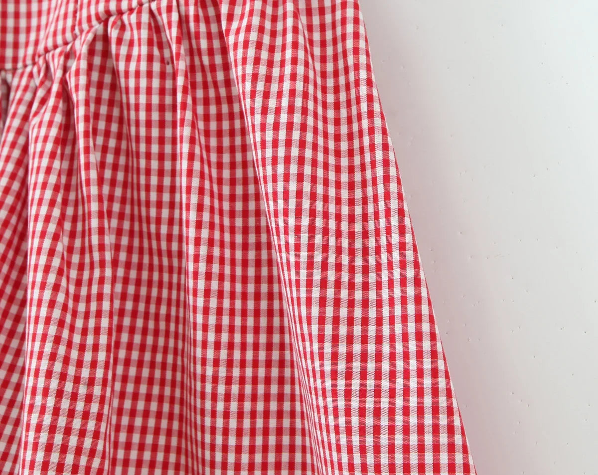 Fashionable Short Red Plaid Dress Women Sexy Backless A-line Mini Summer Halter Dress Vacation Robe 2026