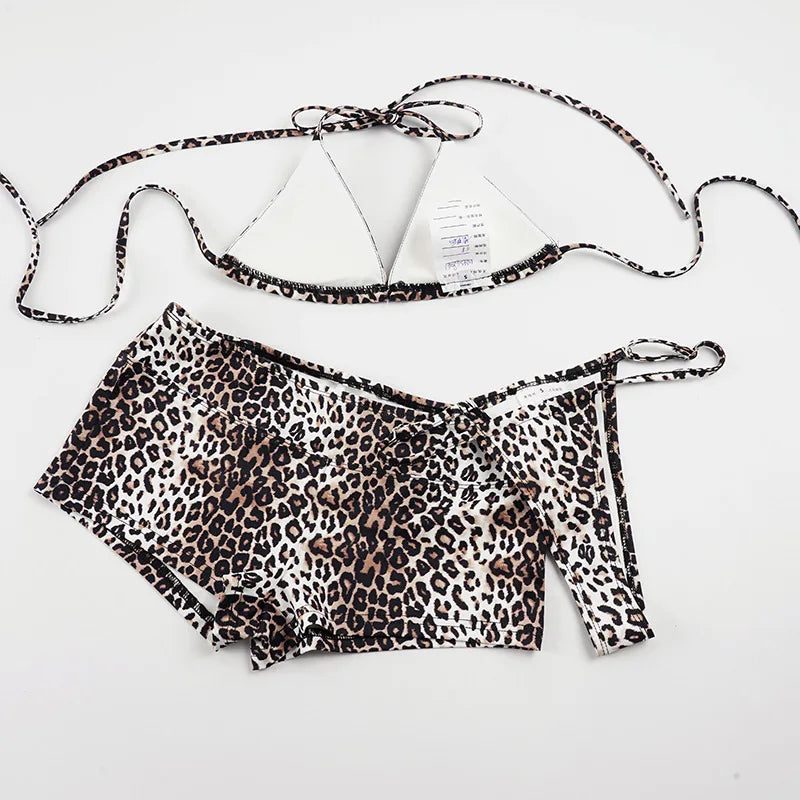 Women Leopard Print Bikini Set Sexy Wild Summer Beach Tie-up Triangle Bikini Top and Low Rise Boyshorts 3 Pieces Set