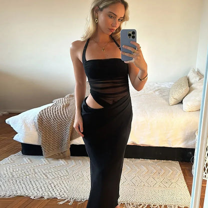 Halter Mesh Ruched Midriff Wrap Panel Bodycon Maxi Gown