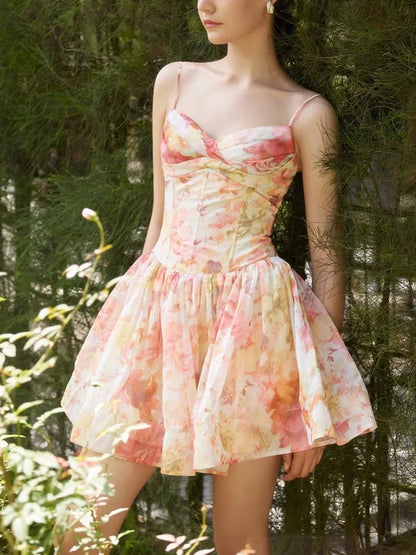 Floral Printed Casual Chic Mini Dresss Strappy Summer Sleeveless Backless Women Ladies Party Ruffles Dresses Vestidos