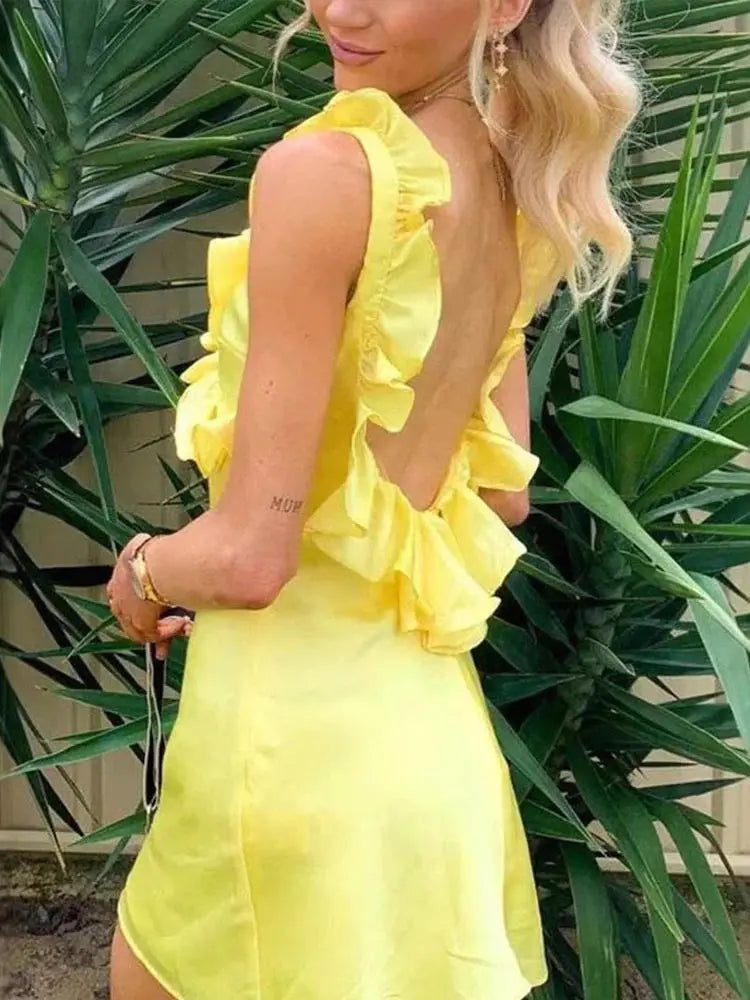 Elegant Ruffle Dress Women Sling Sleeveless Backless A-line Mini Dresses Female 2025 Spring Summer Chic Casual Yellow Lady Robe