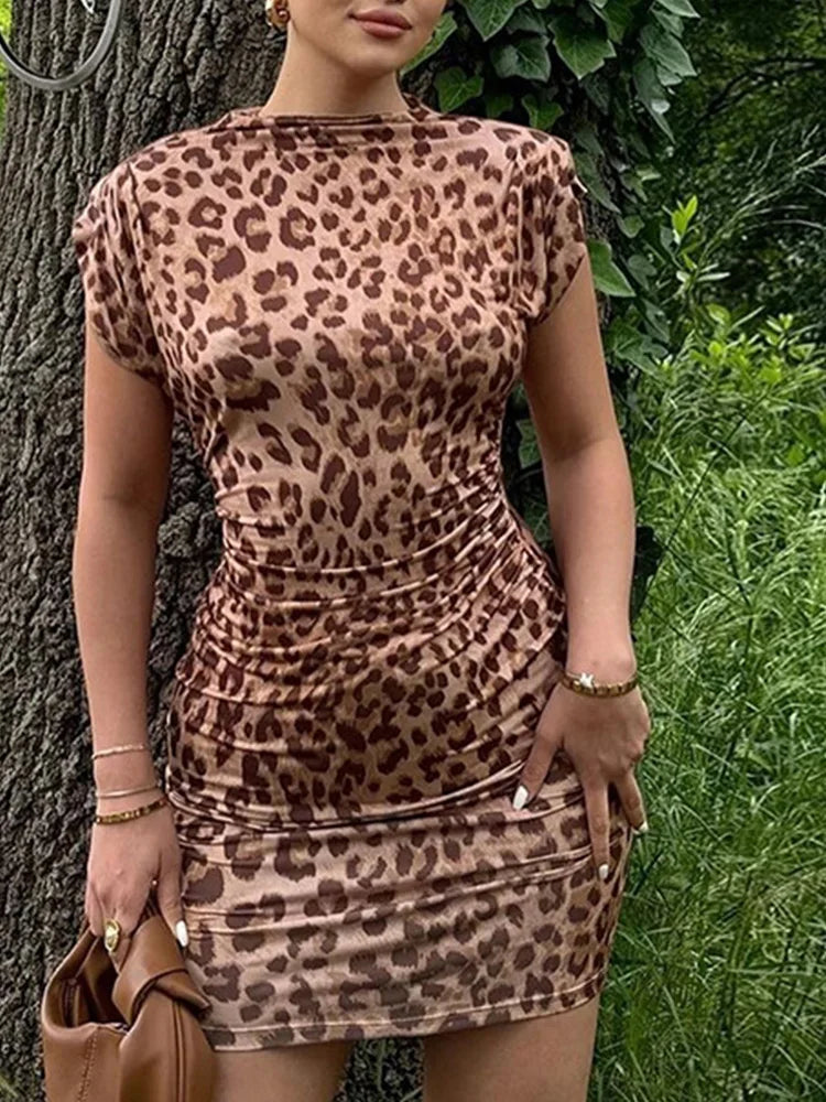 Bodycon Dress for Women Korean Fashion French Style Streetwear Dress Slim Folds Leopard Print 2024 New Spring Summer Dress