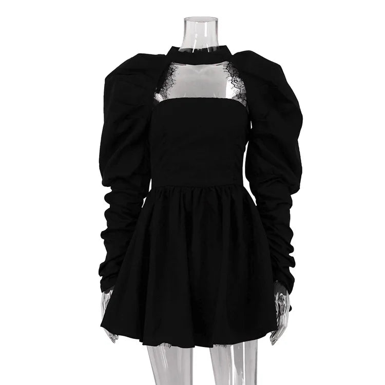 Lace Trim Puff Sleeve Bolero Overlay Flared Mini Dress
