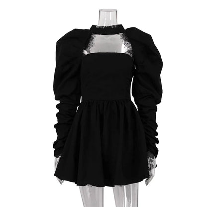Lace Trim Puff Sleeve Bolero Overlay Flared Mini Dress