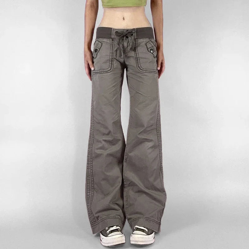 Vintage Low Drawstring Waist Jeans Women Contrast Patchwork Multi Pocket Denim Trousers Boot Cut Pants Y2K Aesthetic