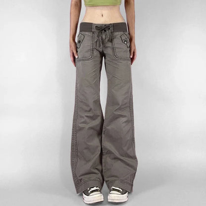 Vintage Low Drawstring Waist Jeans Women Contrast Patchwork Multi Pocket Denim Trousers Boot Cut Pants Y2K Aesthetic
