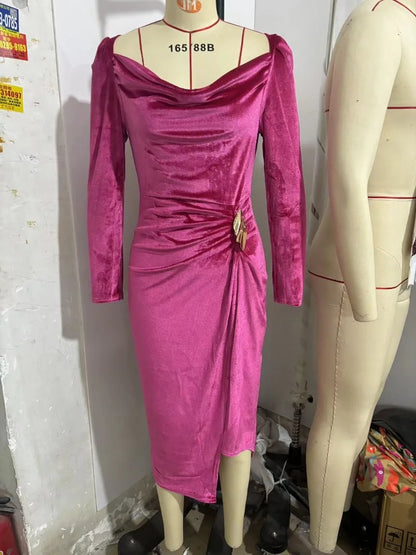 Women Elegant Metal Buckle Ruched Asymmetrical Velvet Dress Sexy Swinging Collar Full Sleeve Bodycon Slit Party Long Robe