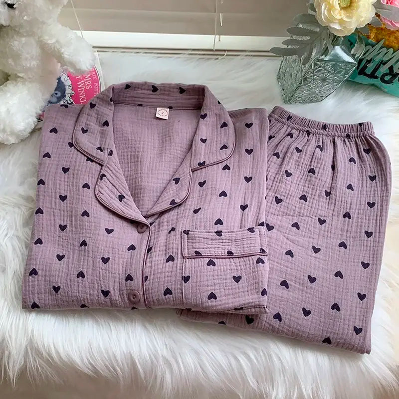 Cotton Comfort Sleepwear Casual Women Pajamas Spring Summer Cherry Print Cute Lapel Button Shirts And Pant Two Piece Sets