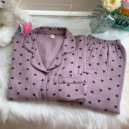 Cotton Comfort Sleepwear Casual Women Pajamas Spring Summer Cherry Print Cute Lapel Button Shirts And Pant Two Piece Sets