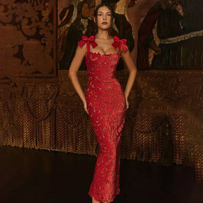 Square Neck Large Bow Shoulder Floral Lace Column Maxi Gown