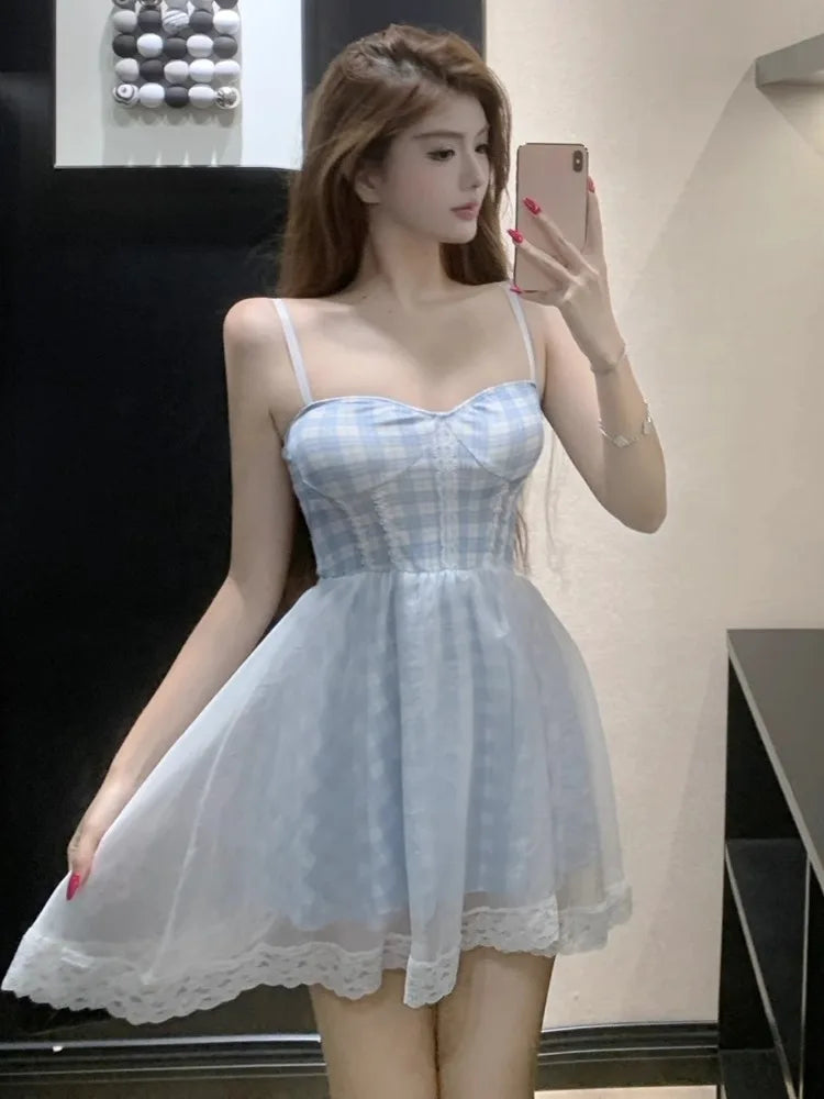 Sexy Sweet Mini Dresses Women Elegant Plaid Hollow Out Backless Slim Mesh Patchwork Party Mini Dress Female Fashion