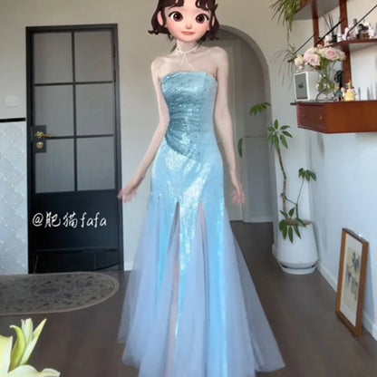 Strapless Evening Gown Light Luxury Dress Niche High-end Student Temperament Art Exam Adult Banquet Host Blue Fish Tail Dress