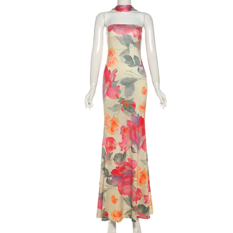 Women Sexy Floral Print Strapless Bodycon Maxi Dress with Ribbon Scarf Sleeveless Backless Slim Party Long Robe Holiday Outfits