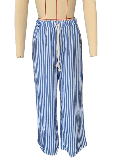 Summer Striped Casual Pants Women 2024 New Rise Low Waist Chic Drawstring Trouser Simple Fashion Wide Leg Pant Female Bottom