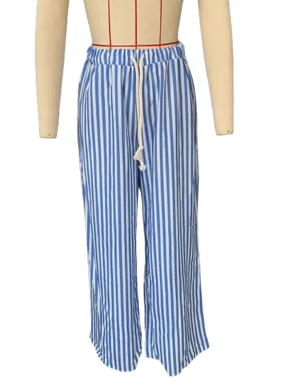Summer Striped Casual Pants Women 2024 New Rise Low Waist Chic Drawstring Trouser Simple Fashion Wide Leg Pant Female Bottom