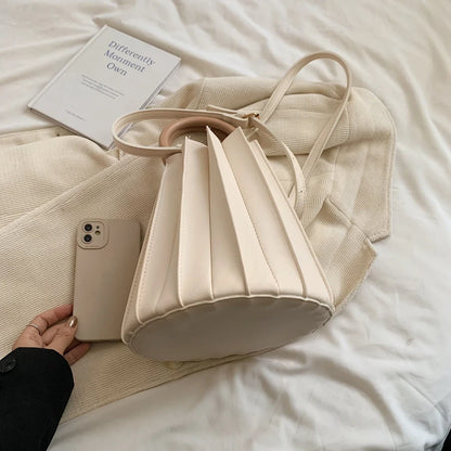 Retro Round Wood Handle Tote Clutch Bag For Women Designer Pleated Striped Bucket Handbag Pu Leather Shoulder Crossbody Bags