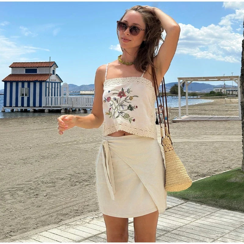 Bead Flower Embroidery Tank Top Shorts Suits 2 Pieces Women Backless Strap Sleeveless Vest Wide Leg Shorts Suits Patchwork Sexy