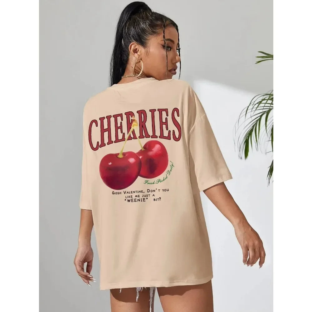 Cherry Print Loose Cotton T-shirt
