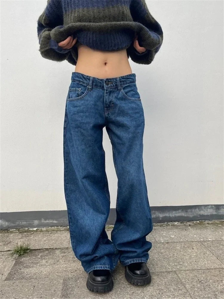 Women's American Street Style Wide Leg Jeans Summer Young Girl Street Straight Bottoms Vintage Baggy Trousers Female Denim Pants