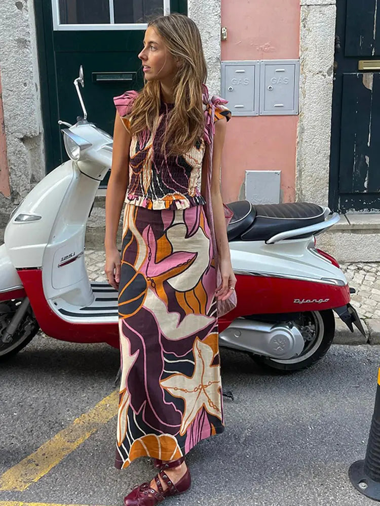 Summer Women's Printed Long Skirt Suit Casual O-neck Fly Sleeve Slim Pleated Tops Two-piece Set 2024 Lady Vacation Beach Outfits