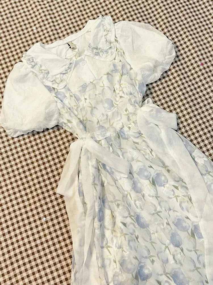 Japanese Sweet Fresh Tulip Floral Doll Collar Dress Women New Summer Kawaii Slim Fit Waist A-Line Dress Gentle Style Clothing