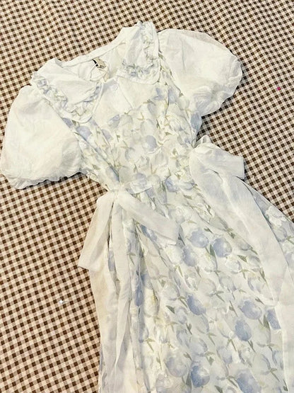 Japanese Sweet Fresh Tulip Floral Doll Collar Dress Women New Summer Kawaii Slim Fit Waist A-Line Dress Gentle Style Clothing