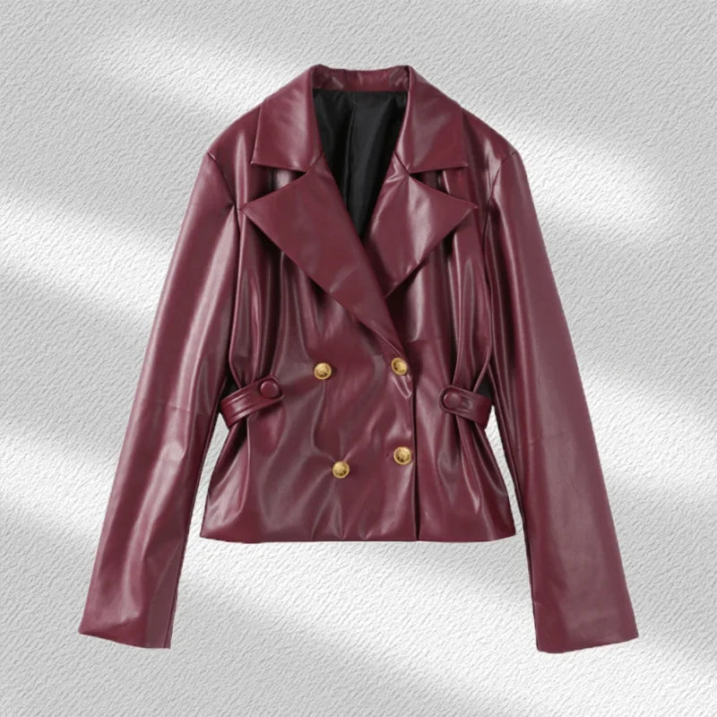 Double Breasted Faux Leather Blazer Pleated Mini Skirt Set