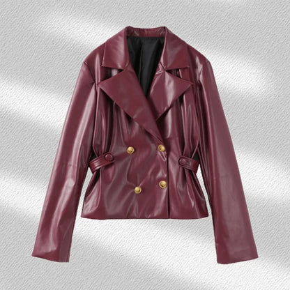 Double Breasted Faux Leather Blazer Pleated Mini Skirt Set