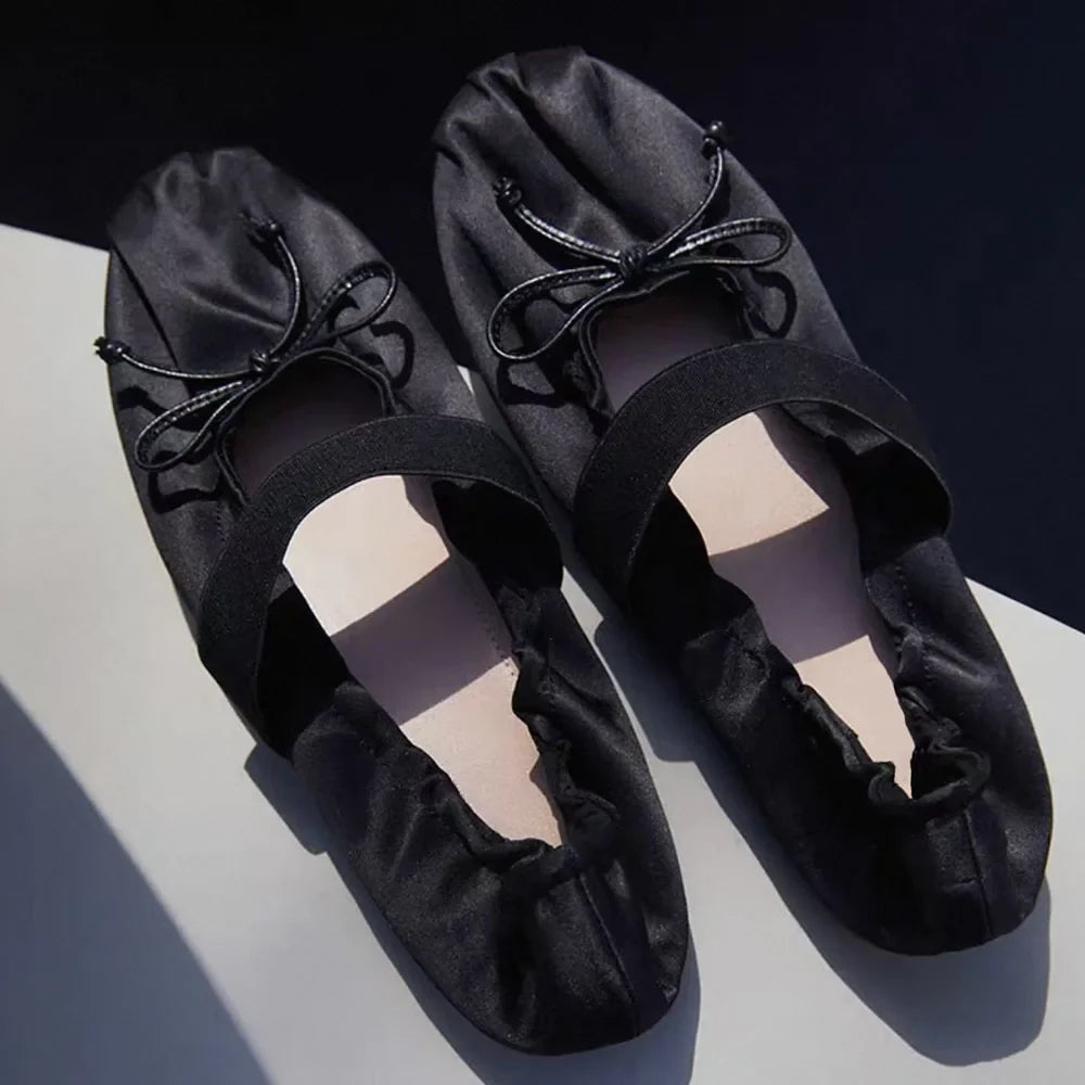 Women's Satin Ballet Flats Elegant Bow Mary Jane Shoes Elastic Strap Soft Sole Round Toe Daily Commute Ladies Flat Dress Shoes