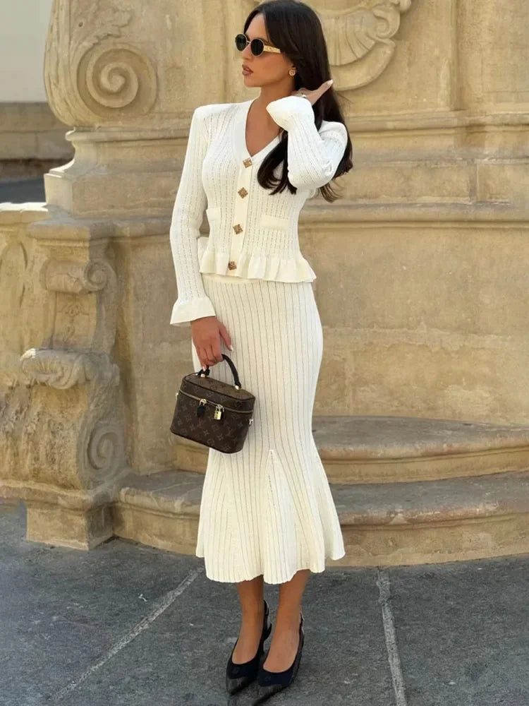 Ribbed Knit Ruffle Hem Button Front Cardigan and Mermaid Midi Skirt Set